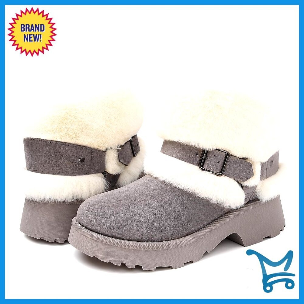 Furry Winter Boots Block Heel Snow Booties Platform Slip-On Comfort